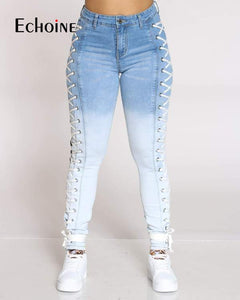 Women's Side Laced Up Stretchy Jeans