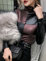 Load image into Gallery viewer, Long Sleeve  Shirts Turtleneck PU Leather  
