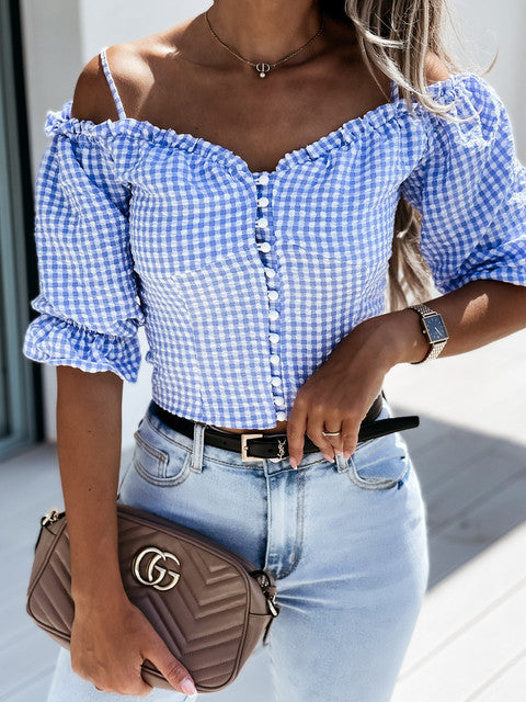 Off-Shoulder Plaid Top