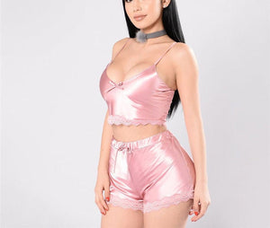Silky Lace Crop Top Camisole and Shorts Pajamas  Set