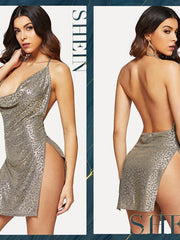 Load image into Gallery viewer, Sexy Grey Cowl Neck High Slit Metallic Backless  Dress - vendach
