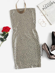 Load image into Gallery viewer, Sexy Grey Cowl Neck High Slit Metallic Backless  Dress - vendach
