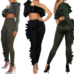 Ruffled Off Shoulder Crop-Top and Pants Two-Piece Set
