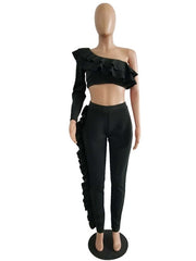 Load image into Gallery viewer, Ruffled Off Shoulder Crop-Top and Pants Two-Piece Set
