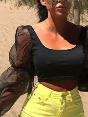 Load image into Gallery viewer, Sheer Long Sleeve Crop Top
