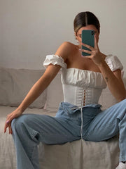 Load image into Gallery viewer, Off Shoulder Lace Up Blouse
