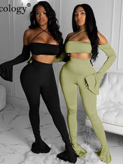 Load image into Gallery viewer, Off Shoulder Flared Sleeve Crop Top &amp; Pants
