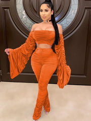 Load image into Gallery viewer, Flare Ruched Sleeve Crop Top and Stacked Leggings
