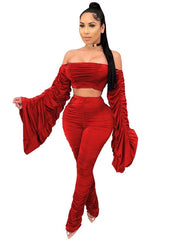 Load image into Gallery viewer, Flare Ruched Sleeve Crop Top and Stacked Leggings
