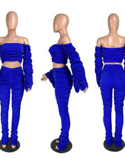 Load image into Gallery viewer, Flare Ruched Sleeve Crop Top and Stacked Leggings
