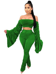 Load image into Gallery viewer, Flare Ruched Sleeve Crop Top and Stacked Leggings
