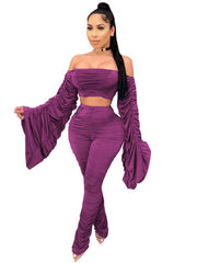 Load image into Gallery viewer, Flare Ruched Sleeve Crop Top and Stacked Leggings
