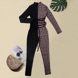 Sheer Patchwork  Lace Up Jumpsuit