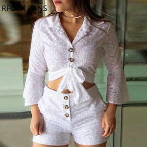 Lace Button-down Blouse & Shorts