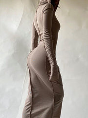Load image into Gallery viewer, Long Sleeve Hooded Patchwork Skinny Maxi Dress
