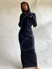 Load image into Gallery viewer, Long Sleeve Hooded Patchwork Skinny Maxi Dress
