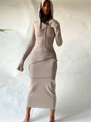 Load image into Gallery viewer, Long Sleeve Hooded Patchwork Skinny Maxi Dress
