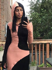 Load image into Gallery viewer, Long Sleeve Hooded Patchwork Skinny Maxi Dress
