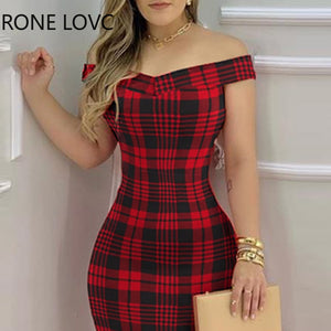 Plaid Off Shoulder Ruffle Hem Slit Dress