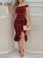 Load image into Gallery viewer, Plaid Off Shoulder Ruffle Hem Slit Dress
