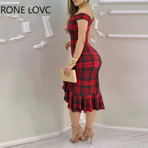 Plaid Off Shoulder Ruffle Hem Slit Dress