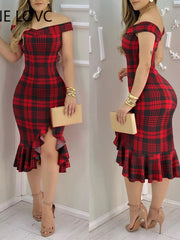 Load image into Gallery viewer, Plaid Off Shoulder Ruffle Hem Slit Dress
