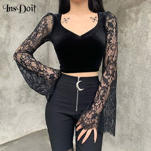 Lace Sleeve Velvet Top