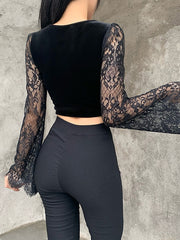Load image into Gallery viewer, Lace Sleeve Velvet Top
