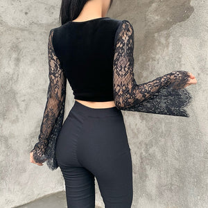 Lace Sleeve Velvet Top