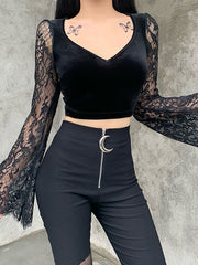 Load image into Gallery viewer, Lace Sleeve Velvet Top
