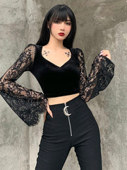 Load image into Gallery viewer, Lace Sleeve Velvet Top
