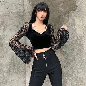 Lace Sleeve Velvet Top