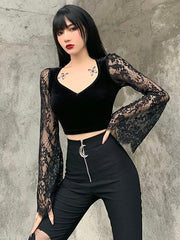 Load image into Gallery viewer, Lace Sleeve Velvet Top

