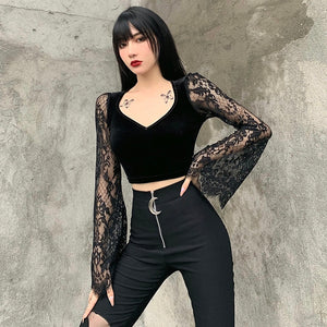 Lace Sleeve Velvet Top