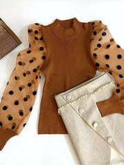 Load image into Gallery viewer, Knitted Polka Dot Puff Long Sleeve Blouse
