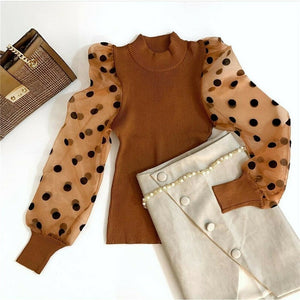 Knitted Polka Dot Puff Long Sleeve Blouse