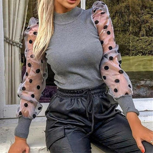 Knitted Polka Dot Puff Long Sleeve Blouse