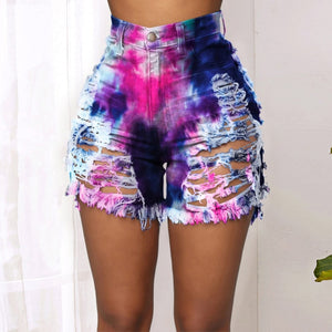 Tie-Dye Ripped Denim Shorts