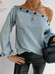 Load image into Gallery viewer, Off-Shoulder Denim Blouse
