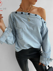 Load image into Gallery viewer, Off-Shoulder Denim Blouse
