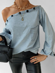 Load image into Gallery viewer, Off-Shoulder Denim Blouse
