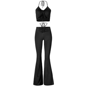 Drawstring Halter Top and High Waist Flare Pants