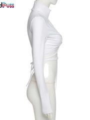 Load image into Gallery viewer, Ruched  Drawstring Turtleneck Top
