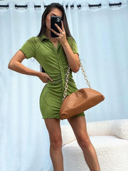 Load image into Gallery viewer, Turn-Down Collar Ruched Shirt Dress
