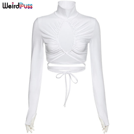 Ruched  Drawstring Turtleneck Top