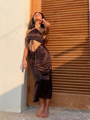 Load image into Gallery viewer, Drawstring Ruched Halter  Dresses
