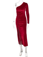 Load image into Gallery viewer, One-Off Shoulder  Velvet Dress
