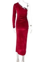 Load image into Gallery viewer, One-Off Shoulder  Velvet Dress
