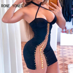 Halter Sheer Rhinestone Dress