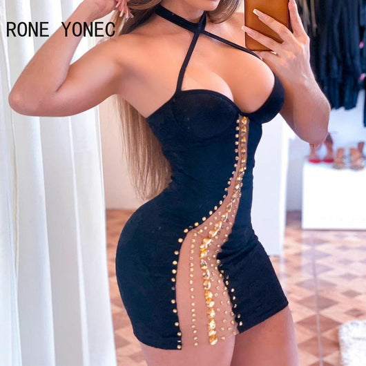 Halter Sheer Rhinestone Dress